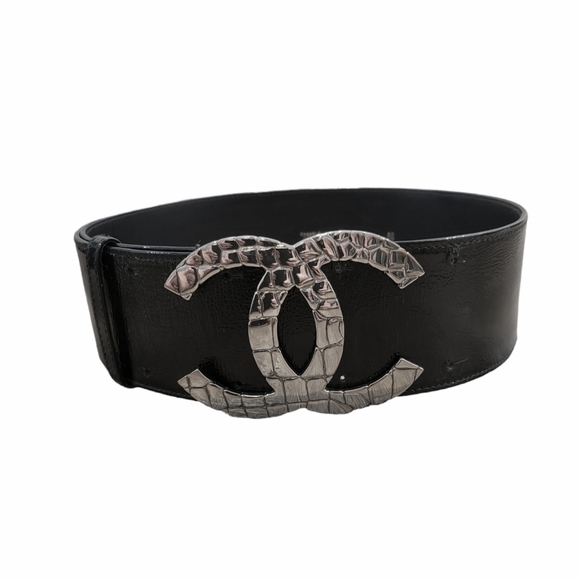 CHANEL O7 Black Patent Leather Quilted CC Logo Wide Belt - Picture 8 of 11